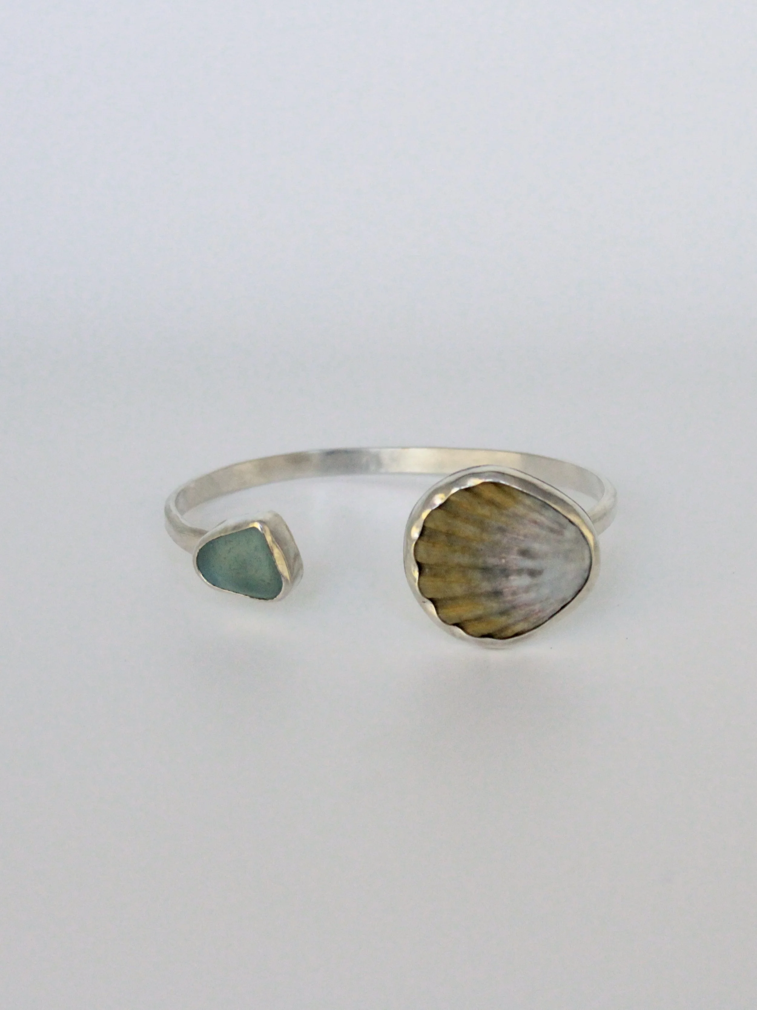 Sterling Silver Moonrise Shell & Blue Sea Glass Cuff