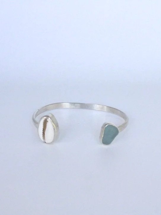 Sterling Silver Cowrie & Blue Sea Glass Cuff