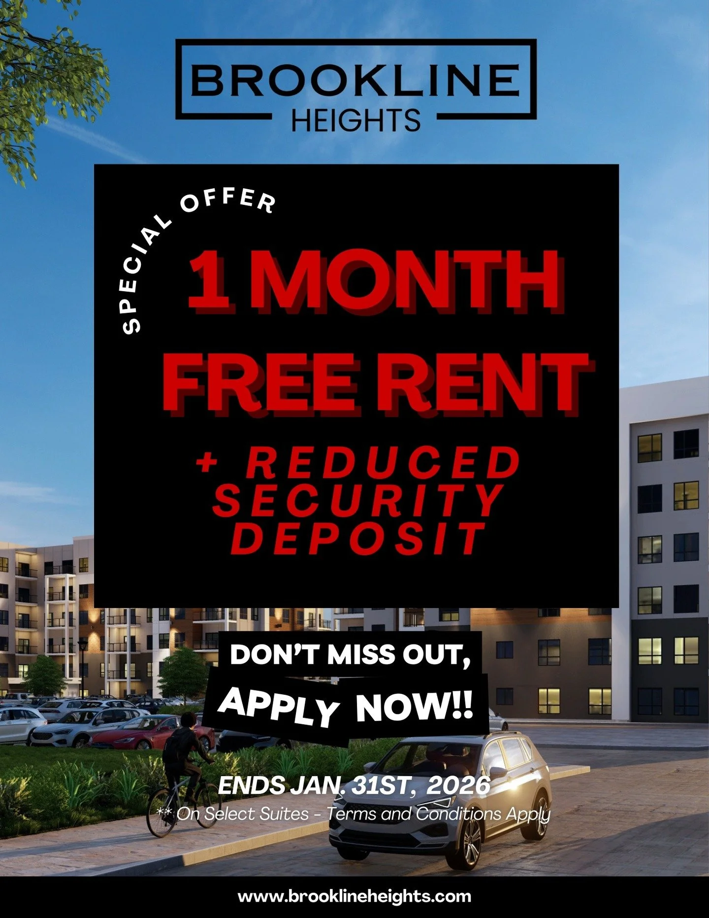 One Month Free + Reduced Deposit! 

Move into Brookline Heights and get ONE MONTH FREE RENT plus a reduced security deposit when you sign a new 13-month lease, offer runs until January 31, 2026 on select suites.

Don&rsquo;t miss this limited-time of