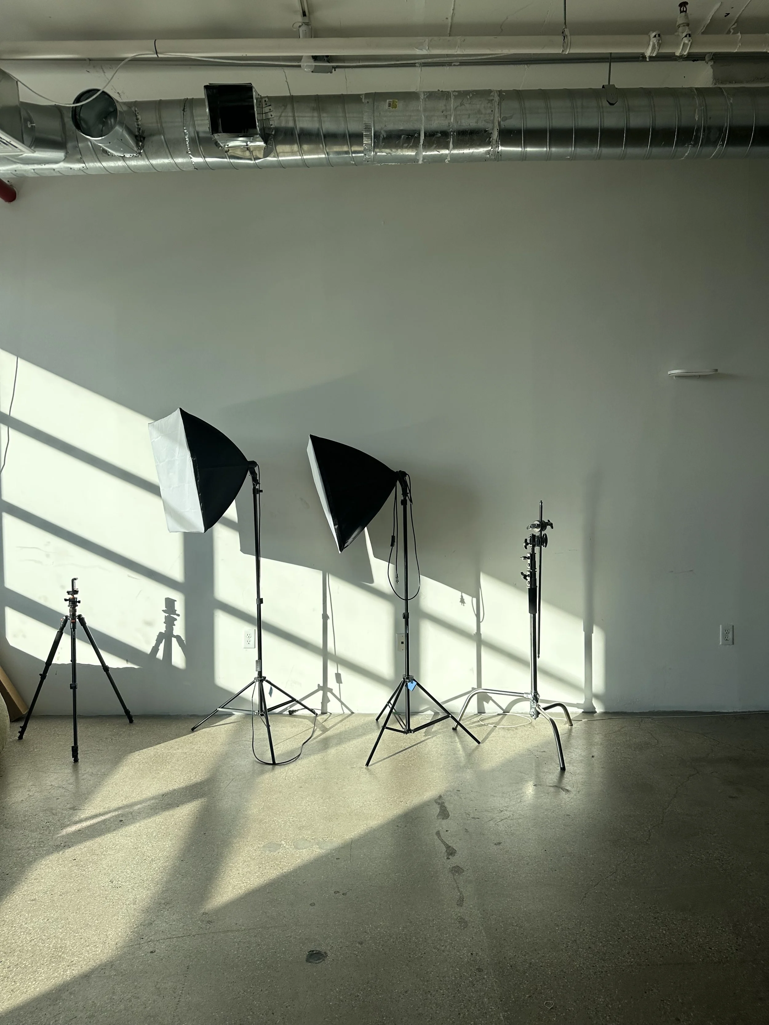 A photography studio setup with four light stands, two with umbrellas and two with other lighting equipment, in front of a plain wall with sunlight casting shadows.