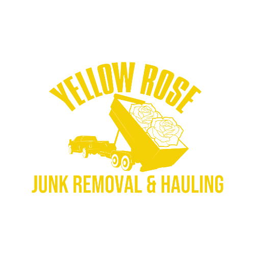 Logo for Yellow Rose Junk Removal & Hauling, featuring a yellow dump truck with roses in the bed, the company name above, and service description below.