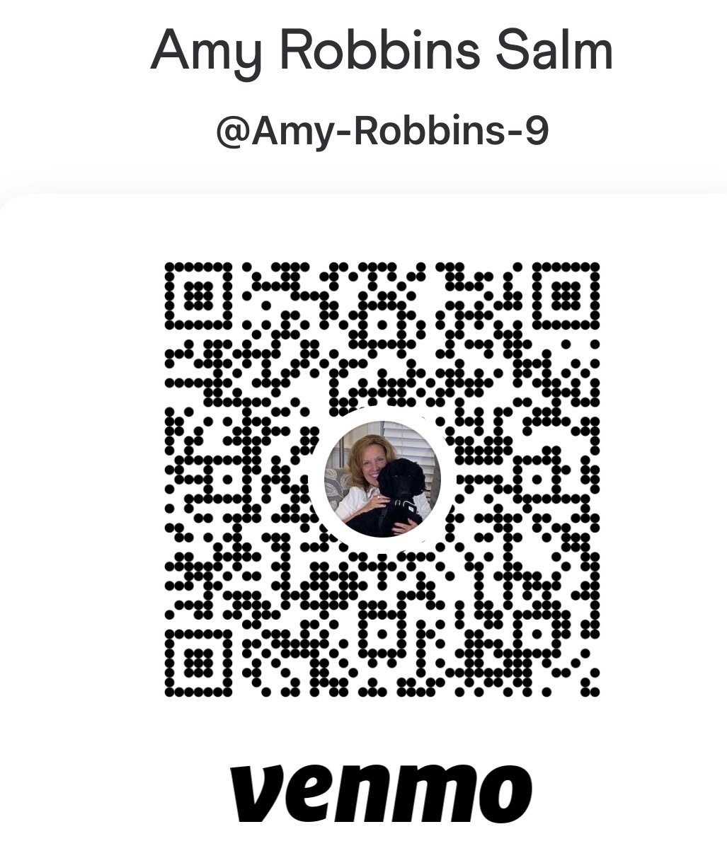 Venn diagram with text 'Amy Robbins Salm' and social media handle '@Amy-Robbins-9' above a QR code containing a profile picture of a woman with red hair holding a black dog. The logo 'venmo' is at the bottom.