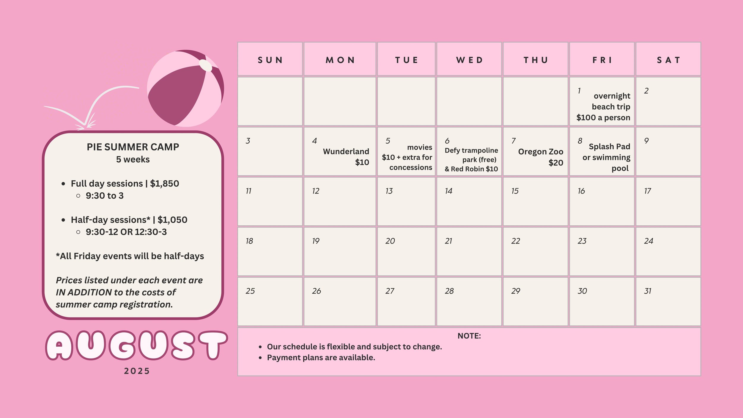 August 2025 Summer Camp Calendar