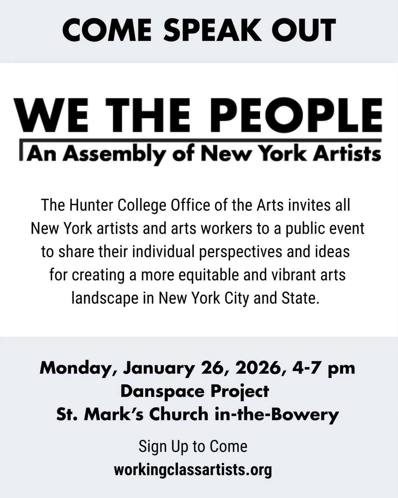 Calling all artists and arts workers! On January 26, We the People: An Assembly of New York Artists will gather artists and arts workers at a public event at Danspace Project (@danspaceproject), where they can share their individual perspectives and 