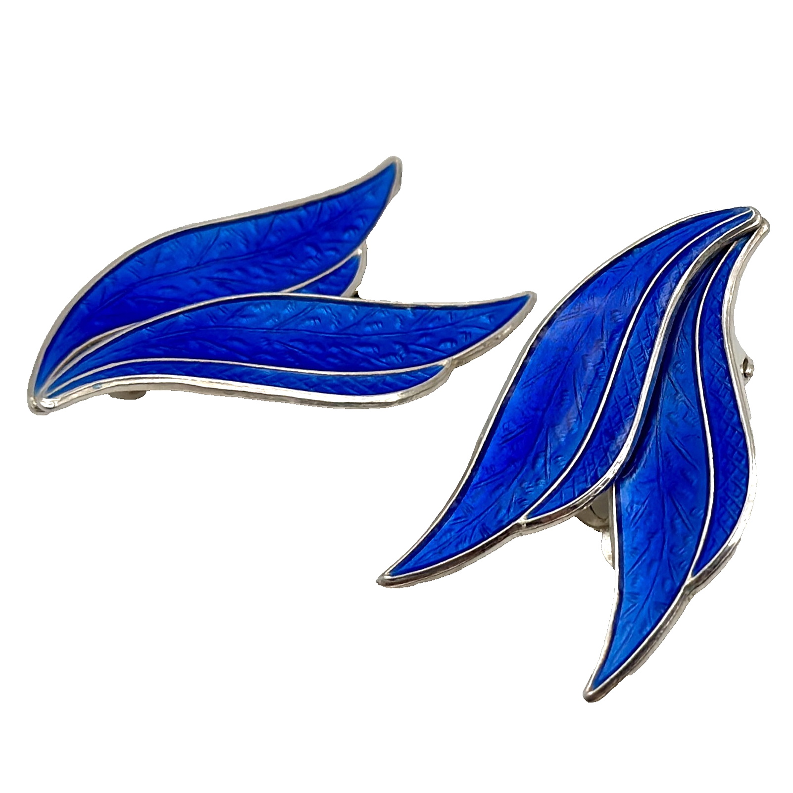 Norwegian Silver & Blue Enamel Double Leaf Clip on Earrings – Larger Size