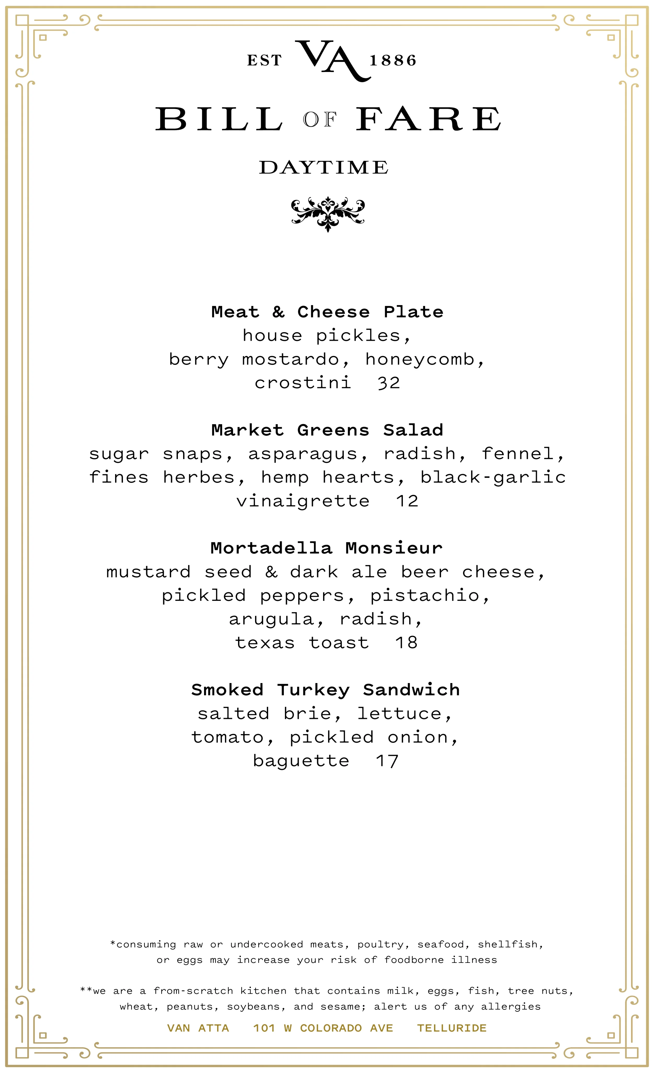 Meat & Cheese Plate, Maket Greens Salad, Mortadella Monsieur, Smoked Turkey Sandwich