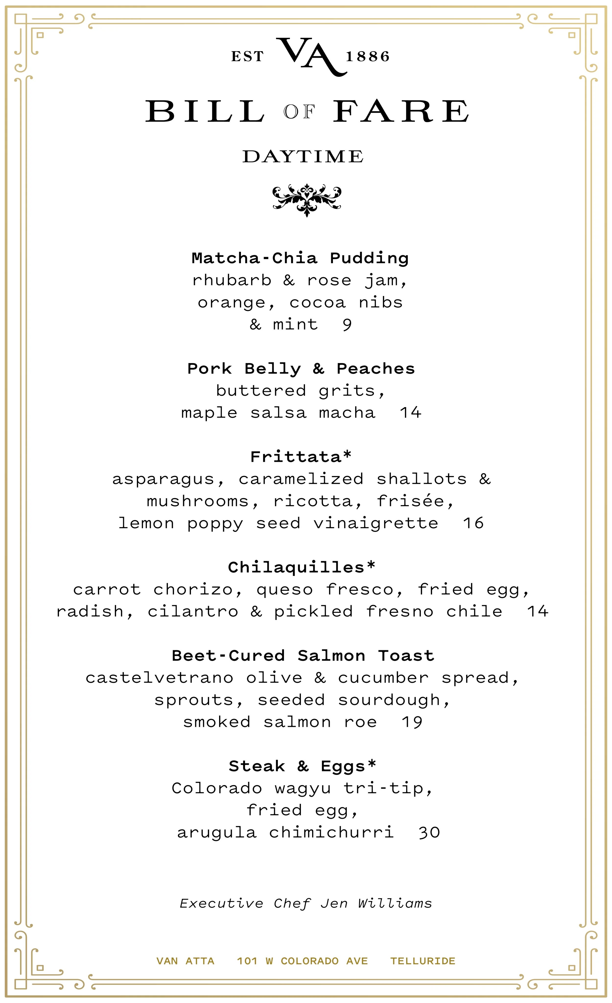 Matcha-Chia Pudding, Pork Belly & Peaches, Frittata, Chilaquilles, Beet-Cured Salmon Toast, Steak & Eggs