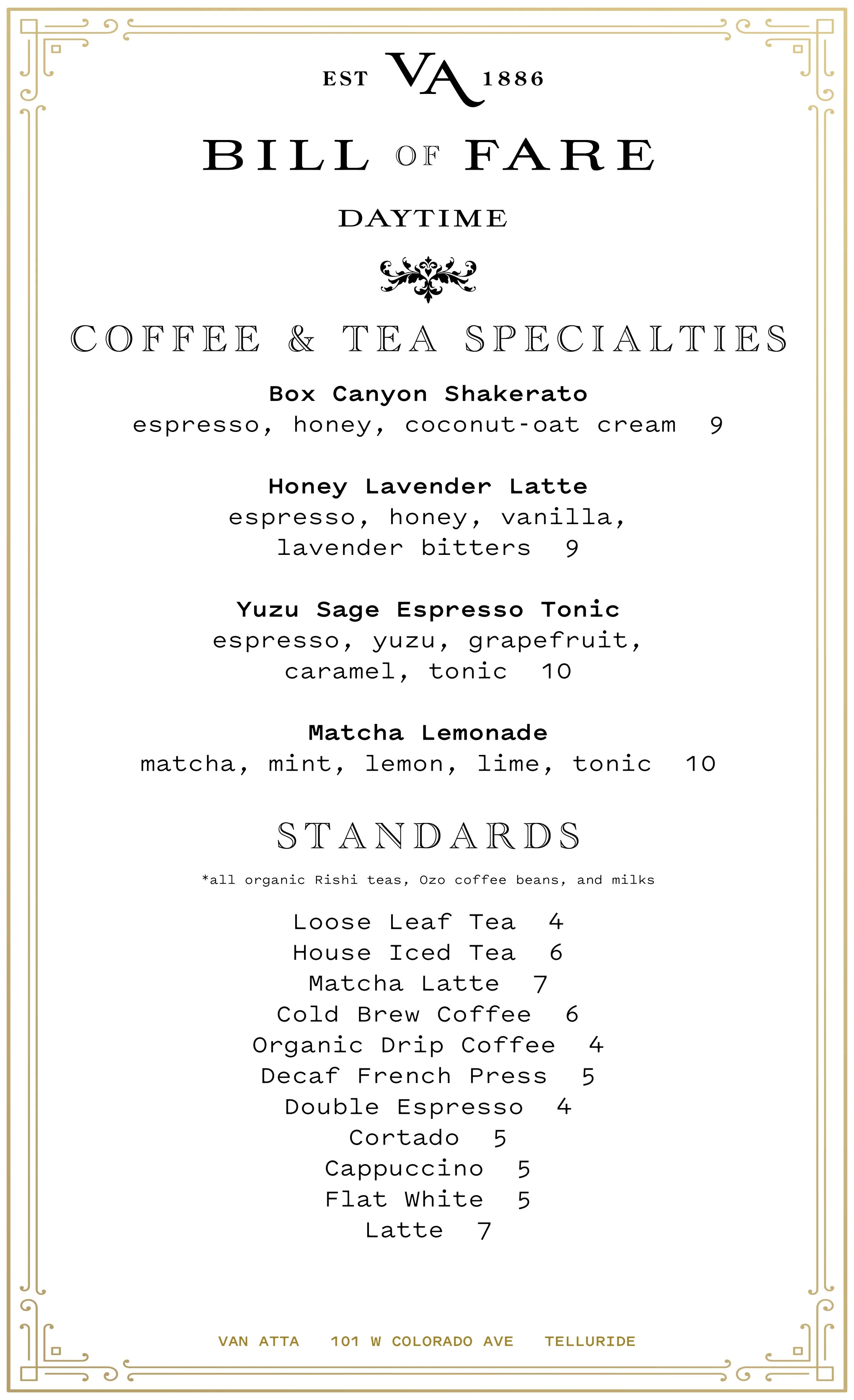 Box Canyon Shakerato, Honey Lavender Latte, Yuzu Sage Espresso Tonic, Matcha Lemonade, tea, coffee, espresso, flat white, latte, cappuccino