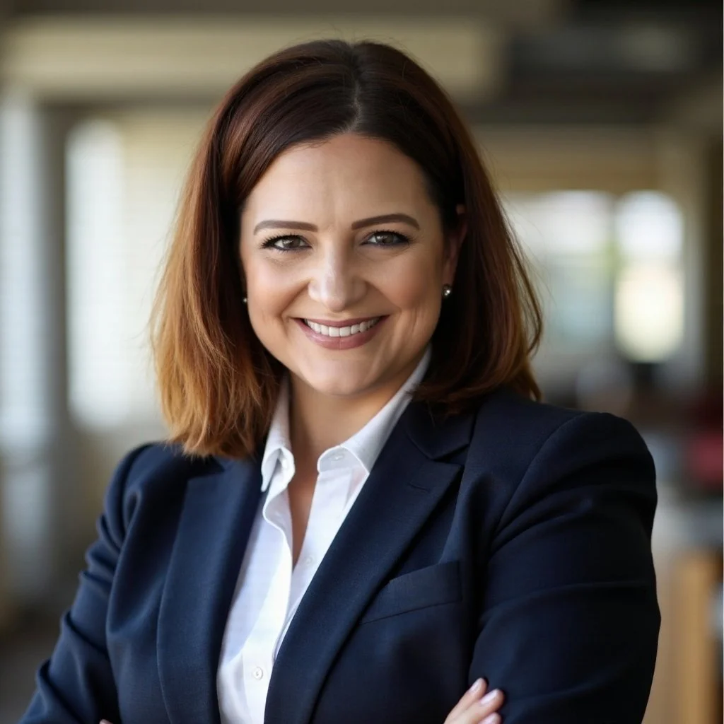 A professional woman with shoulder-length auburn hair, wearing a navy blazer and white shirt, smiling confidently in an office setting.