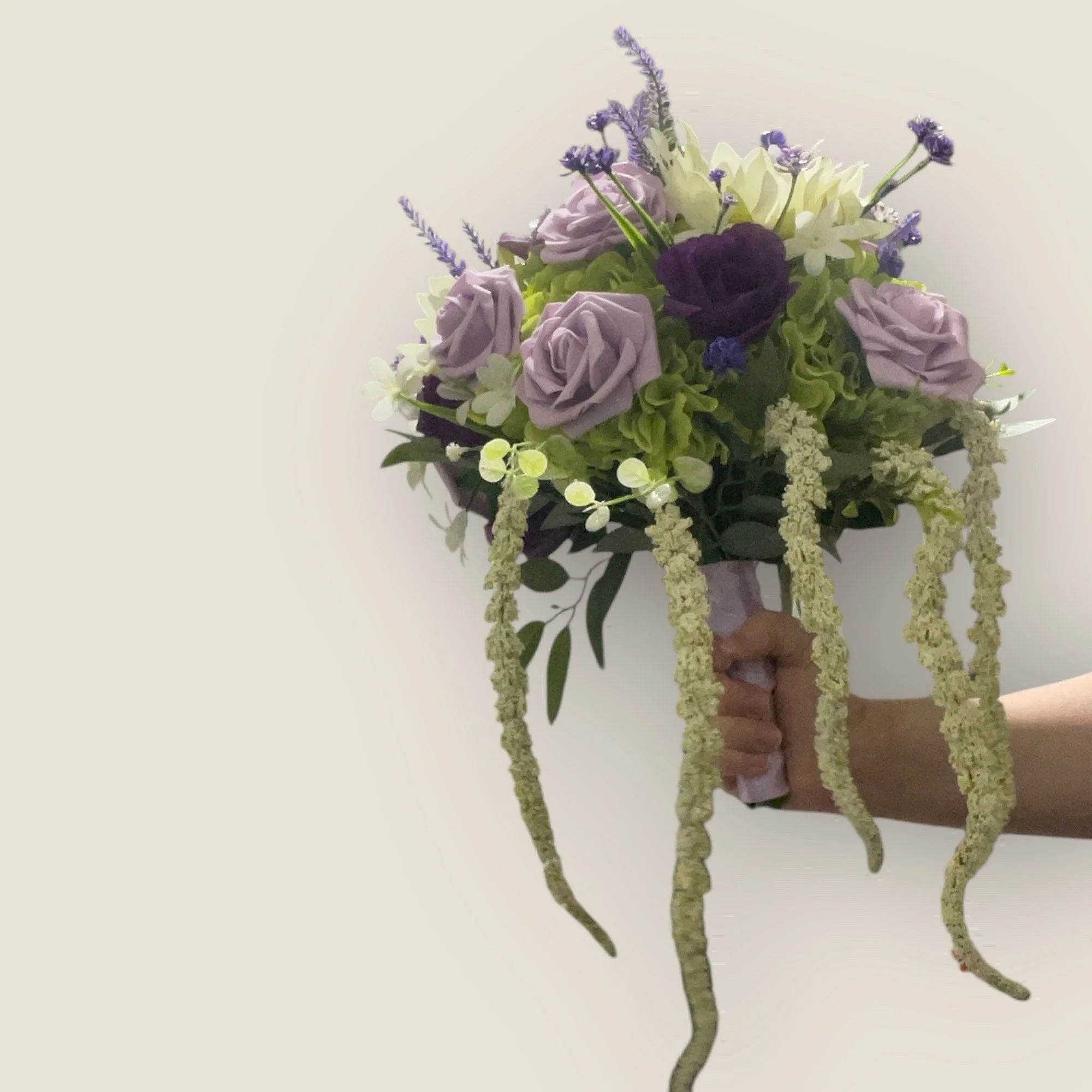 Elegant Purple and Green Faux Flower Bridal Bouquet – Handmade Wedding Arrangement