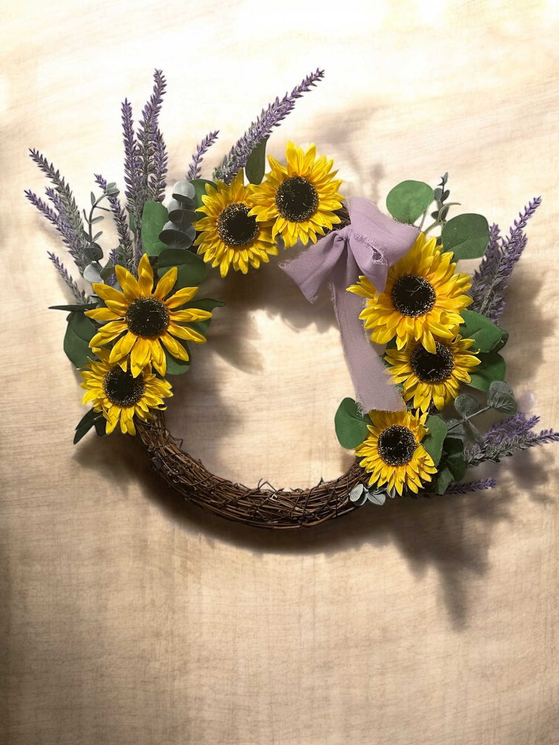 Sunflower and Lavender Grapevine Wreath with Soft Purple Bow - Rustic Farmhouse Door Decor