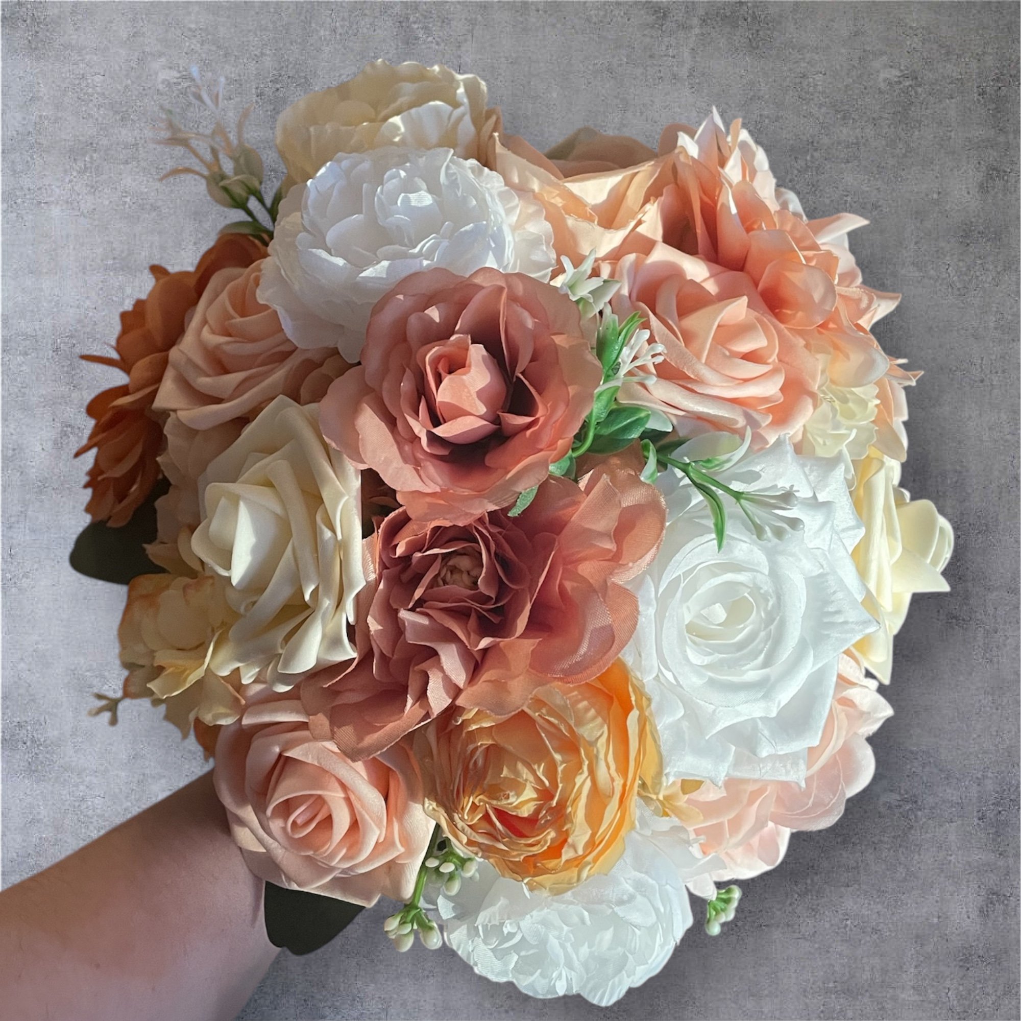 Handcrafted Silk Flower Bouquet Romantic Bridal Bouquet - Elegant Faux Flower Peach and White