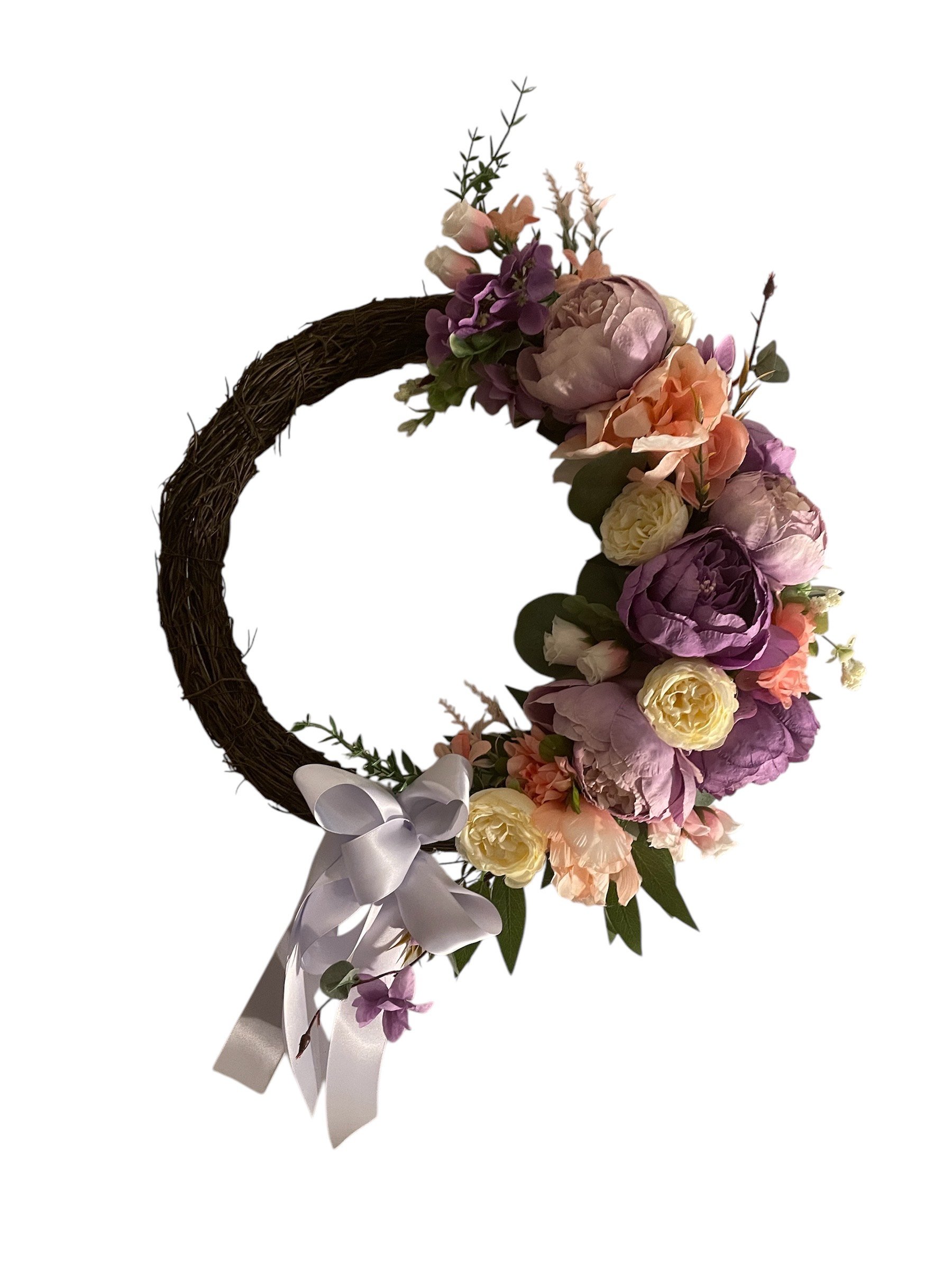 Spring Peony & Hydrangea Floral Wreath with Satin Bow - Pastel Grapevine Door Decor