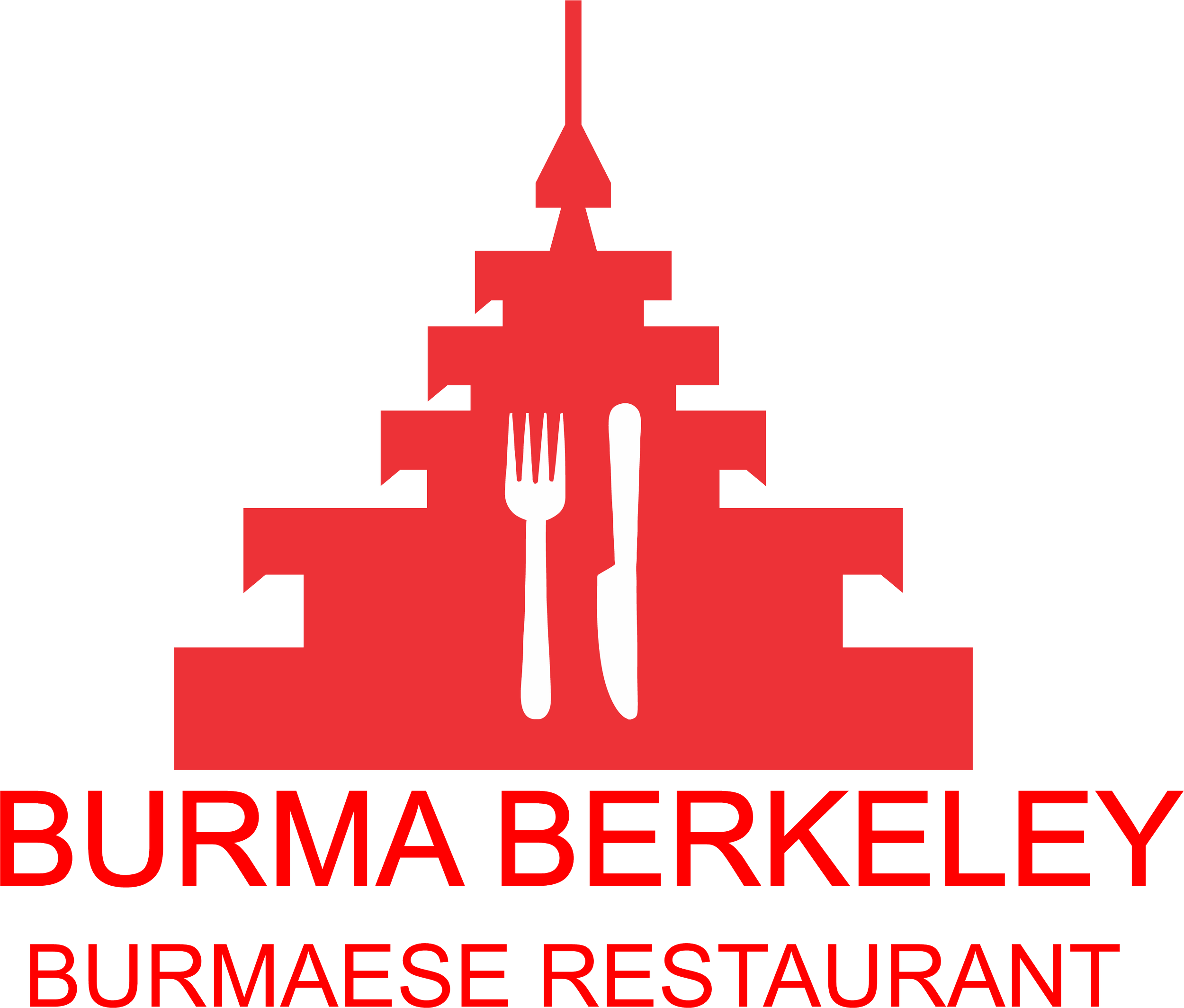 Logo featuring a stylized red pagoda with a fork and knife in the center, and the text 'Burma Berkeley Burmese Restaurant' beneath it.