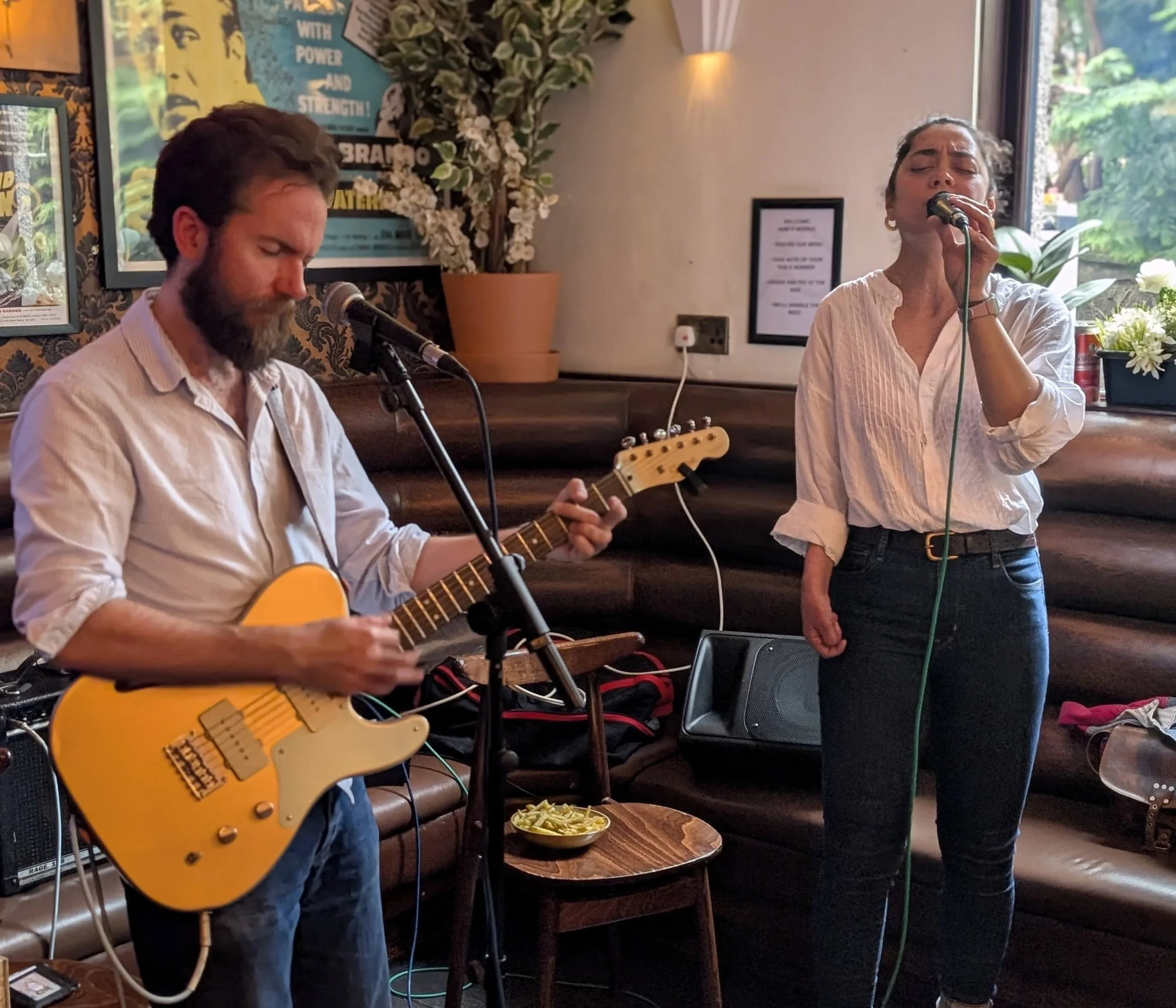 A man playing an electric guitar and a woman singing into a microphone perform in a cozy indoor setting decorated with plants and framed pictures.