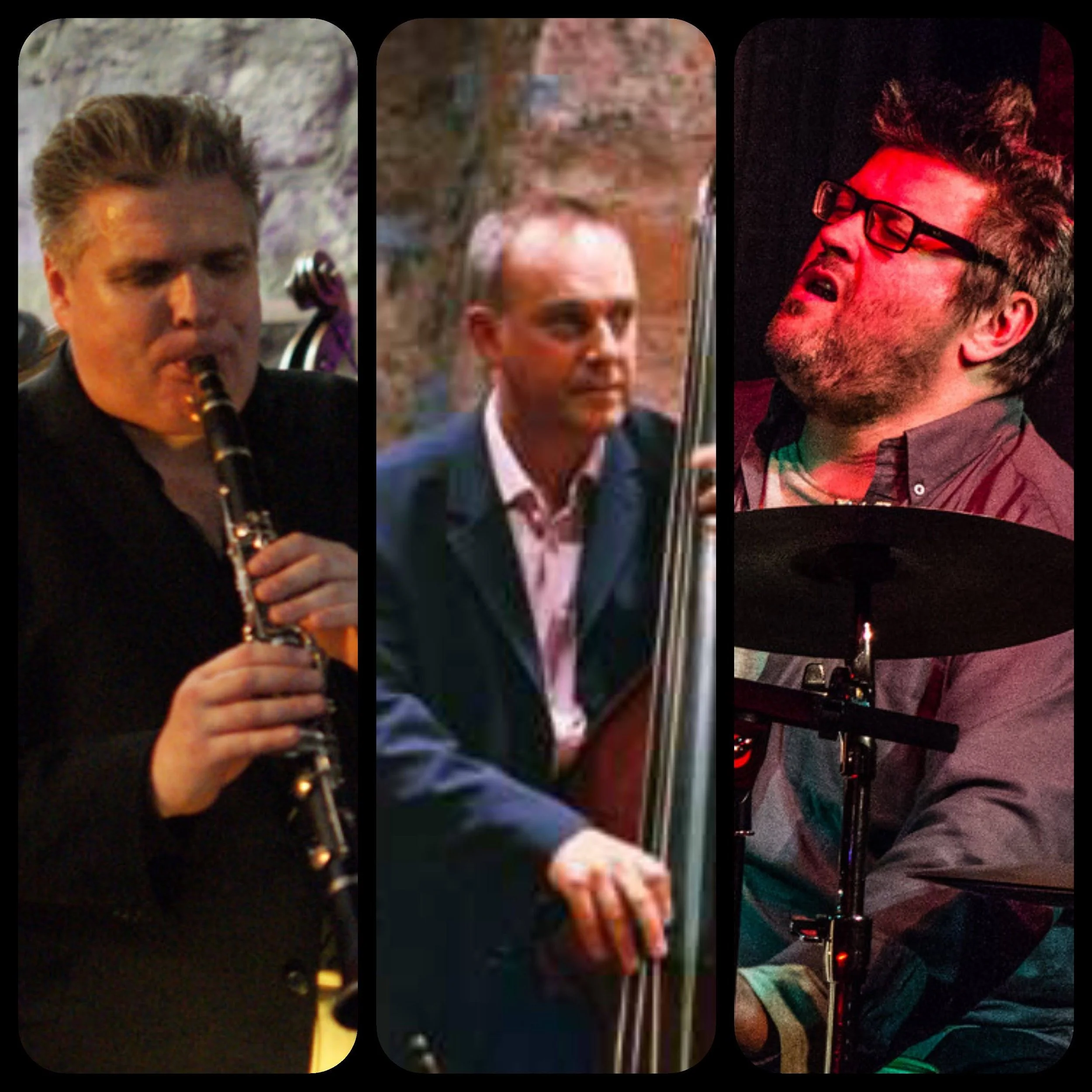 Three musicians performing: a clarinet player on the left, a jazz bassist in the center, and a drummer on the right.