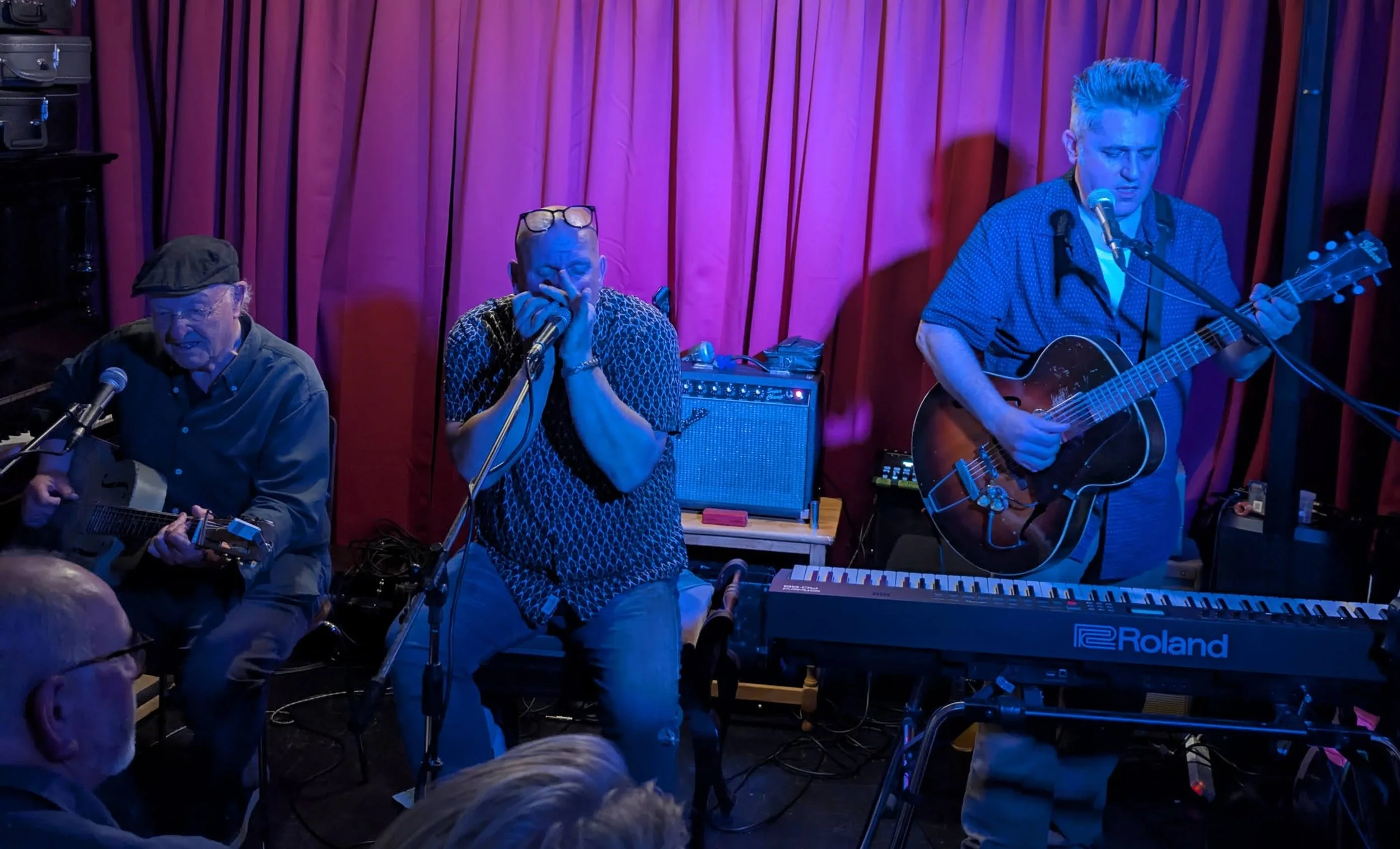 Three musicians performing on stage with a purple curtain background. One playing guitar and singing into a microphone, one playing a harmonica, and one playing the keyboard. Audience members visible in the foreground.