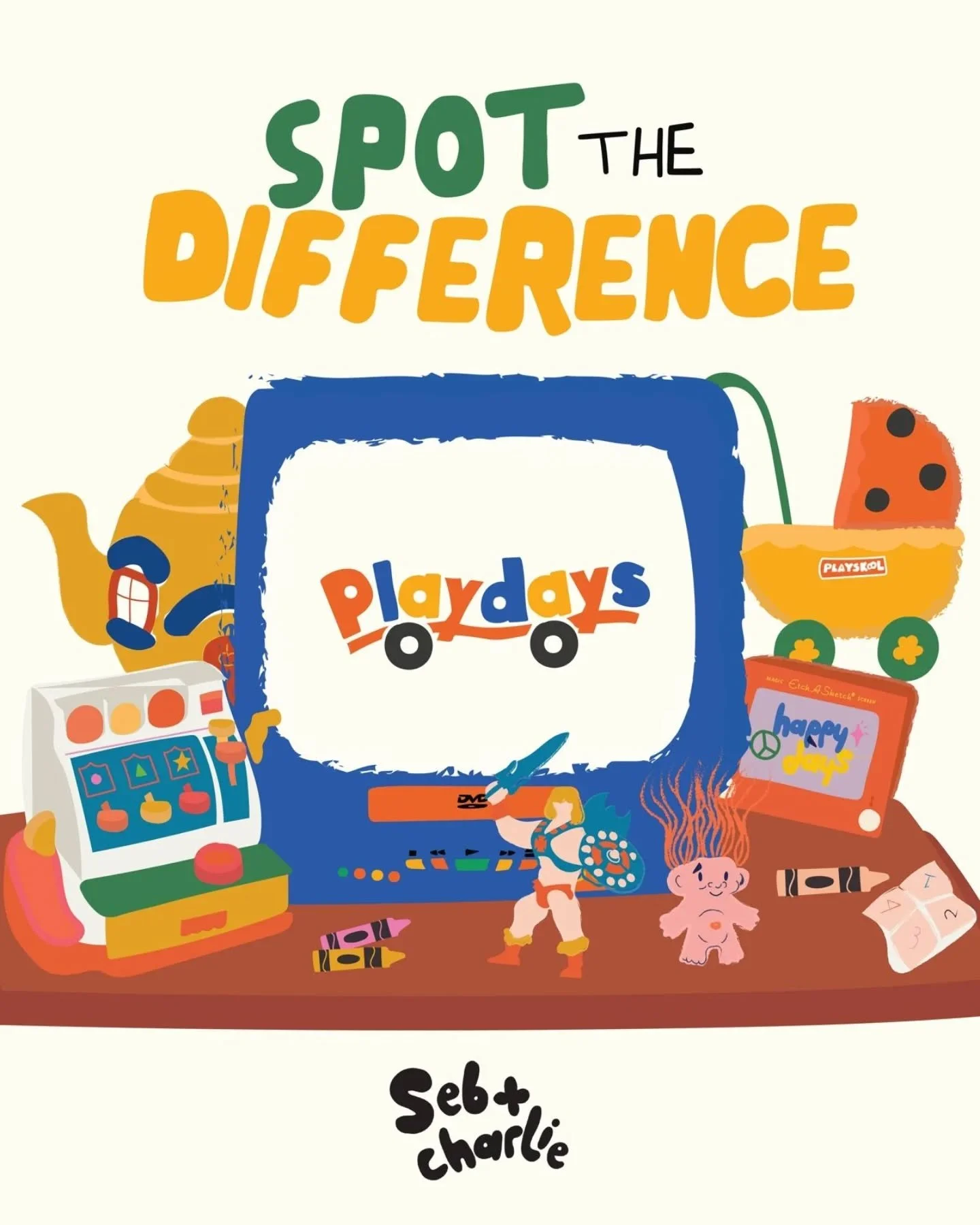 SPOT THE DIFFERENCE 👀 

Can you spot the 10 differences? 

⚡ Slide 3 shows the answers, so don't peek! 

#spotthedifference #playtime #retro #retrotv #retrotoys #happydays #sebandcharliedesign #playskool @hasbro @fisherprice @davebensonphill @barone