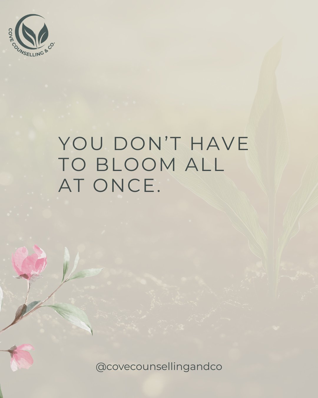 Spring doesn&rsquo;t require a full personality reset. ⁠
⁠
You don&rsquo;t have to bloom all at once. Quiet growth, small steps, and moving at your own pace still count. Honestly, they count a lot.⁠👣⁠
⁠
#HealingAtTheCove #CoveCounselling #CoveCounse