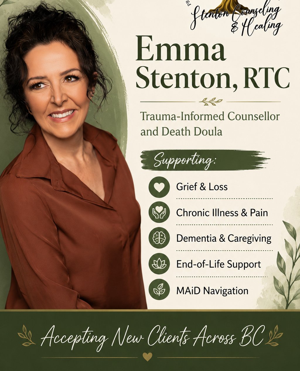 If you&rsquo;re navigating grief, illness, or caregiving, you don&rsquo;t have to do it alone. 🌿⁠
⁠
I&rsquo;m a Registered Therapeutic Counsellor, Grief Counsellor, and Death Doula supporting individuals and families through dementia, chronic illnes