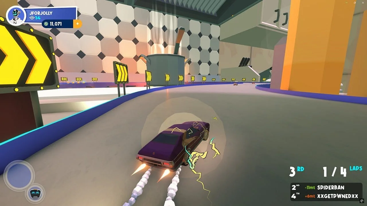 Cartoon-style racing game screenshot with a purple car drifting on a track. The background features oversized kitchen items and yellow hazard signs. The player is in 3rd place with game metrics displayed in the corners.