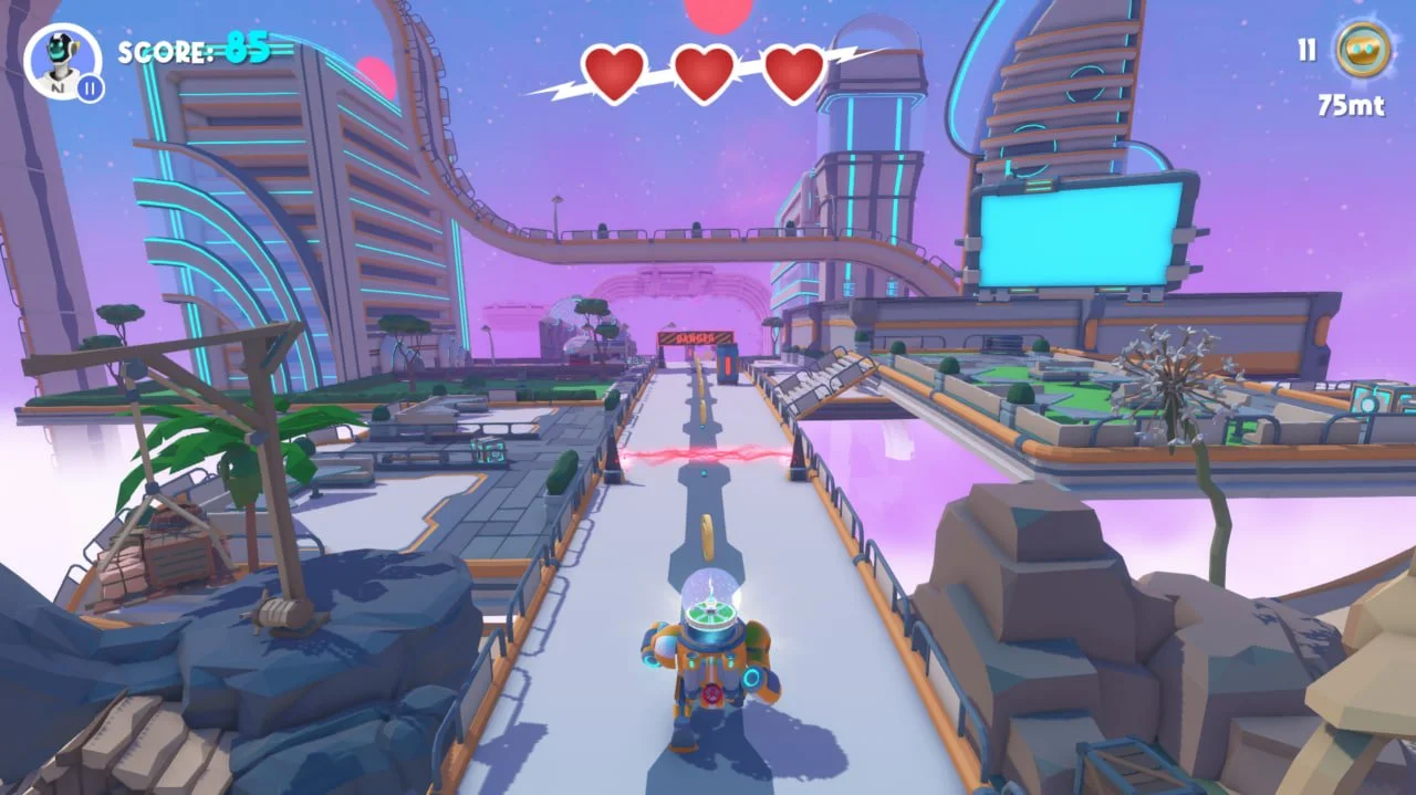 Futuristic video game scene with a robot character running in a vibrant cityscape, neon buildings, score display, and three heart icons indicating health.