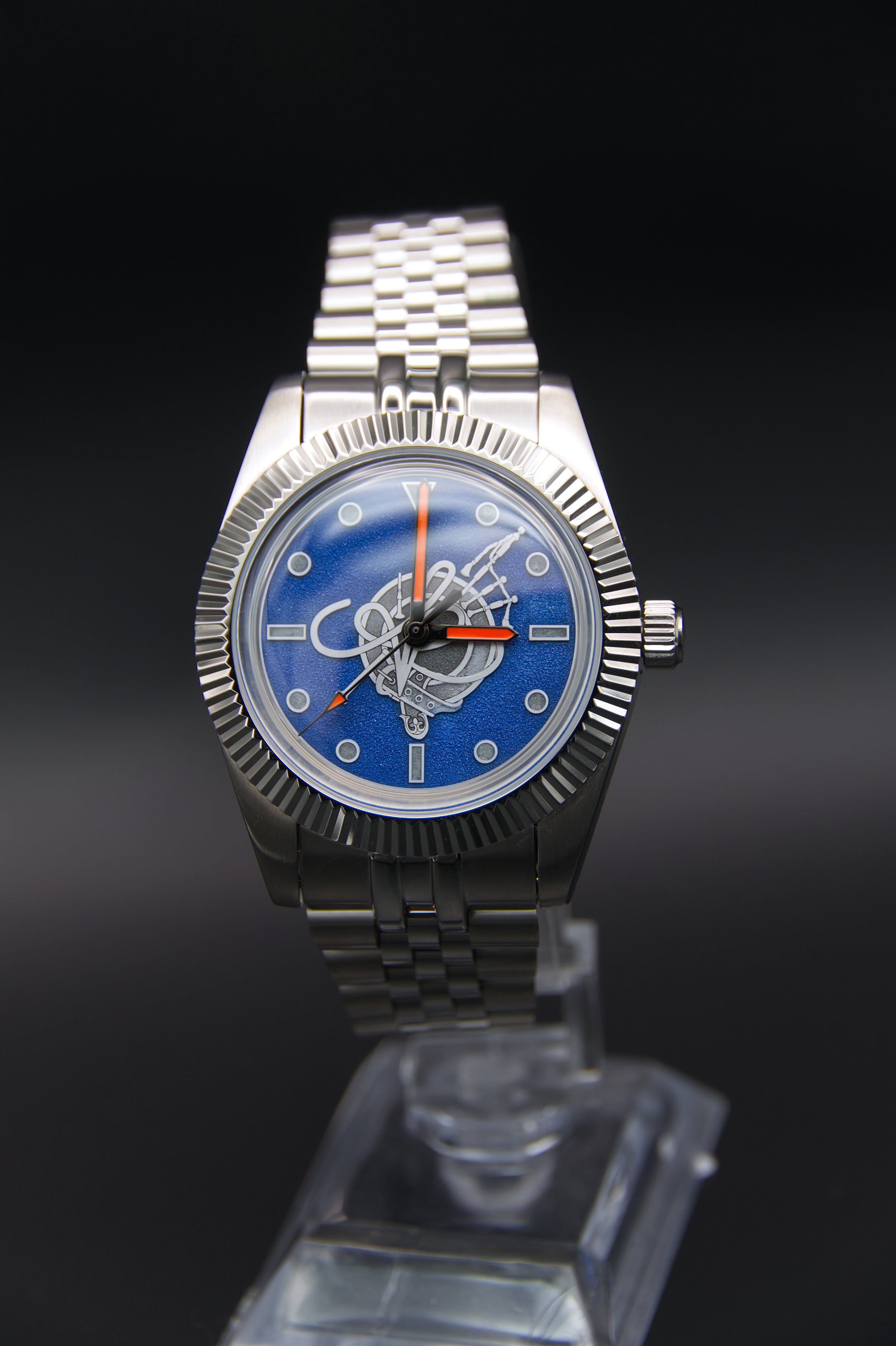 Alberta Bagpiper custom logo engraved dial watch orange hands, SKX007 made in canada
