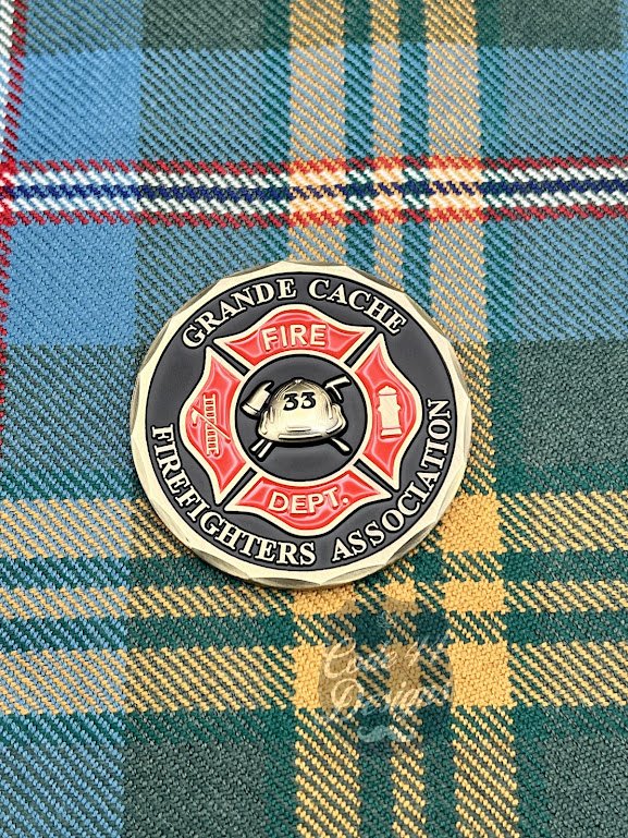 Grande Cache Alberta Firefighters Association Challenge coin antique brass, red maltese cross logo, helmet and crossed axe logo