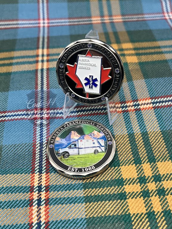 Alberta Paramedical Services Challenge coin, ambulance, tartan, alberta, maple leaf