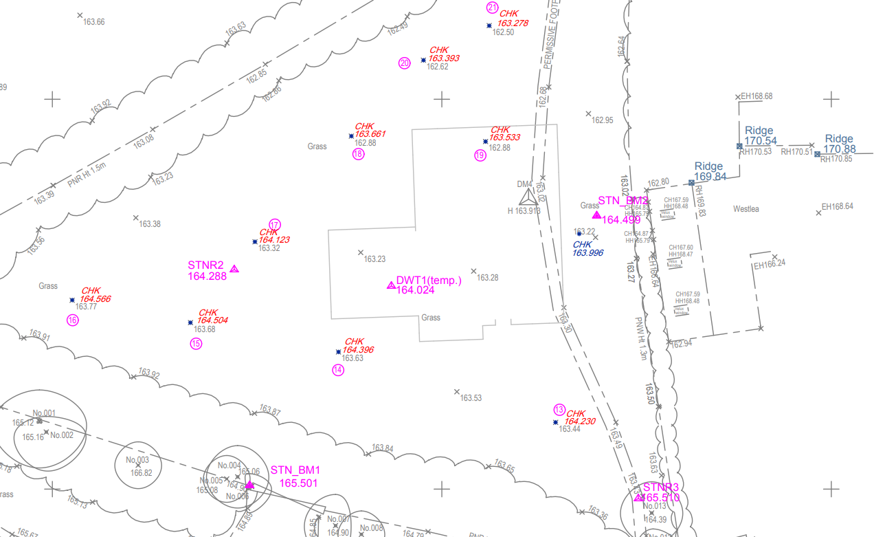 Topographical survey drawing showing spot levels, survey stations and site features for Hill Top House, Dummer, Hampshire.