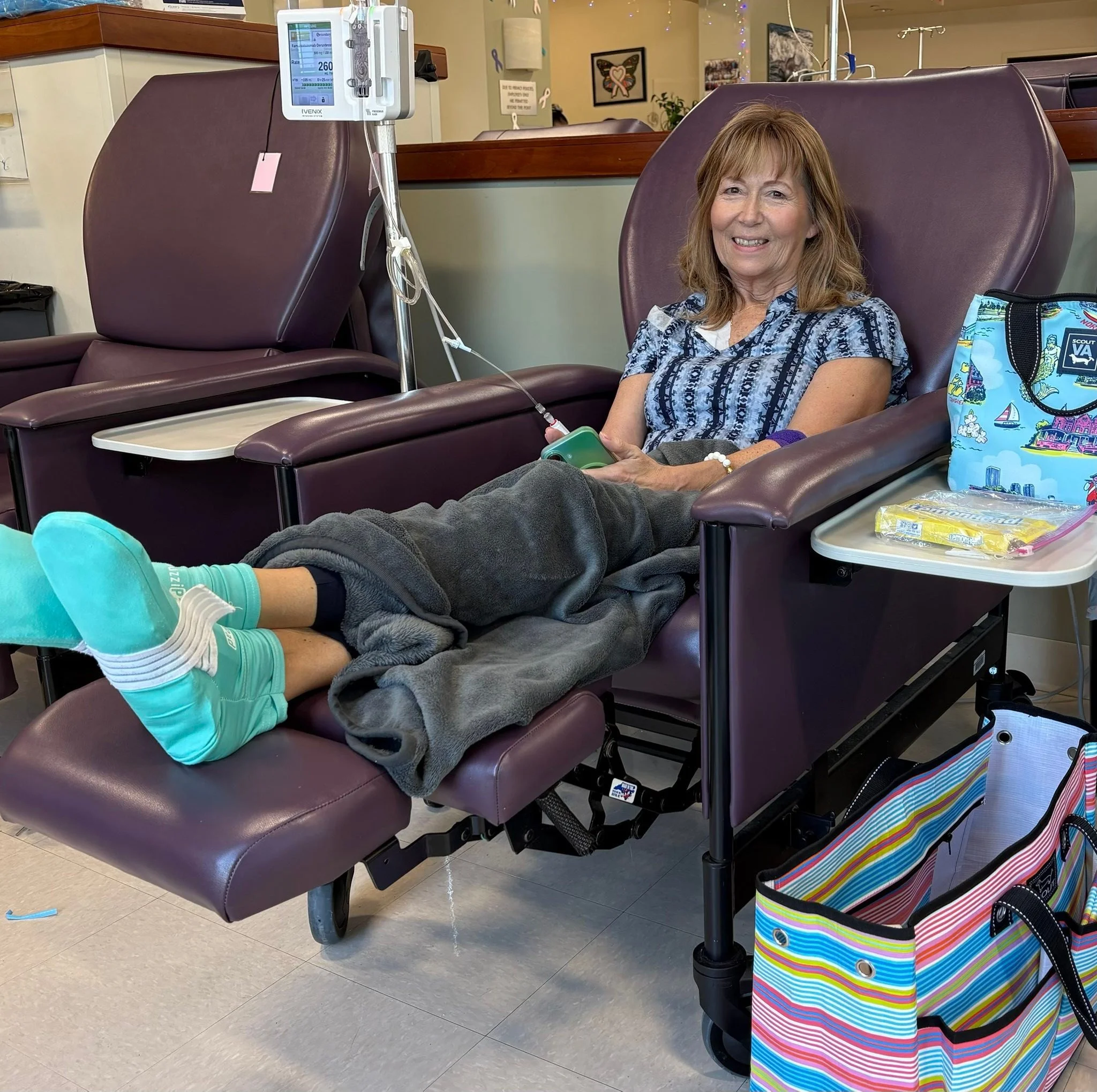 Still taking my lung healing process on a day by day basis.  Was able to go for a short walk yesterday, with rest breaks along the way, and then came home and fell asleep on the couch for two hours. 😅. 

Today I was able to return back to chemo afte