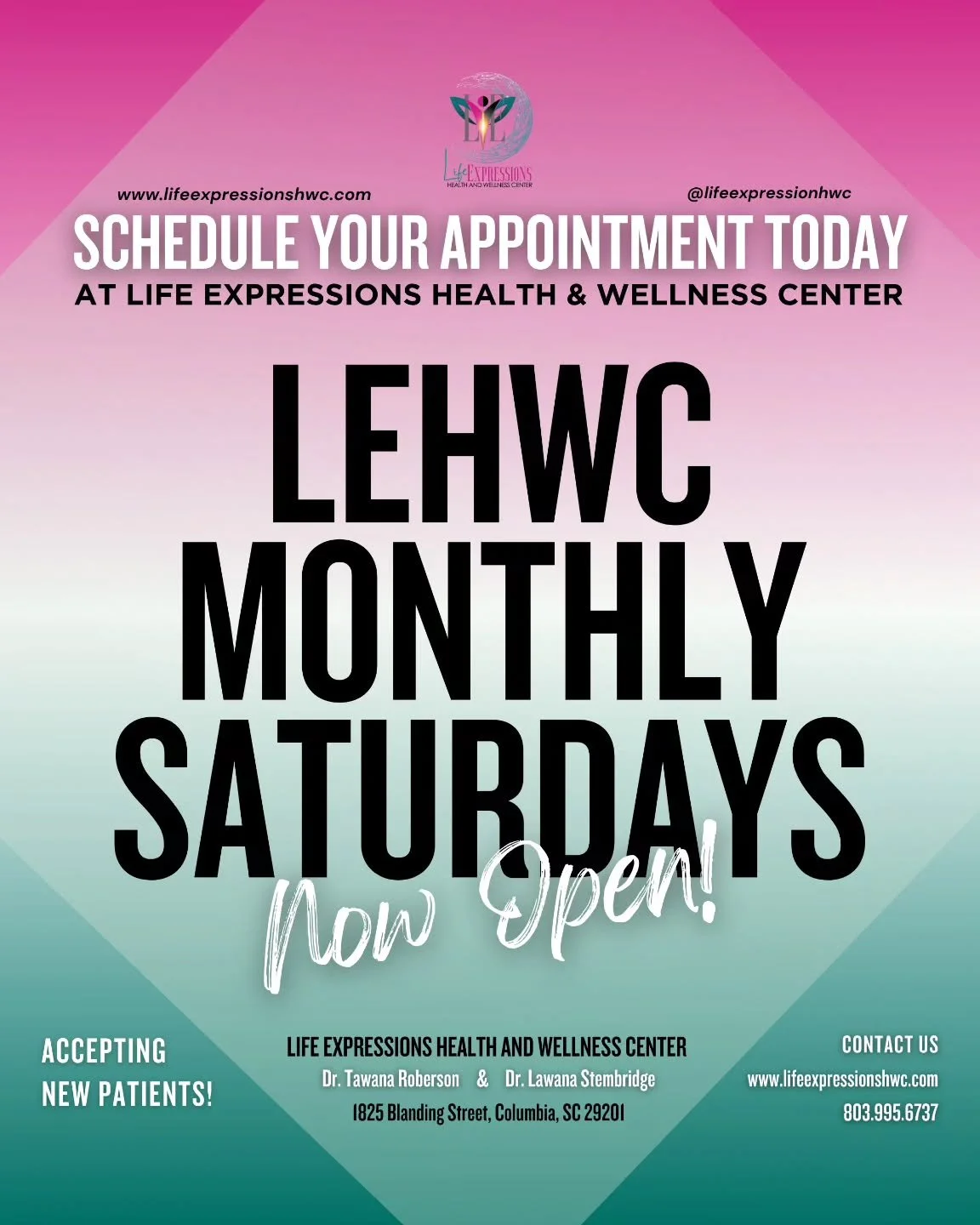 LEHWC Update | Saturday Appointments Are Here! 

Life Expressions Health &amp; Wellness Center is now open one Saturday each month &mdash; starting Saturday, November 22nd!

Don&rsquo;t miss your chance to book your weekend wellness visit. Contact us