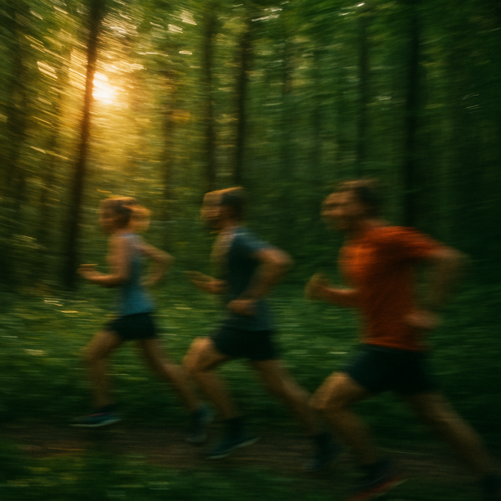 Three people running through a forest with sunlight filtering through the trees.