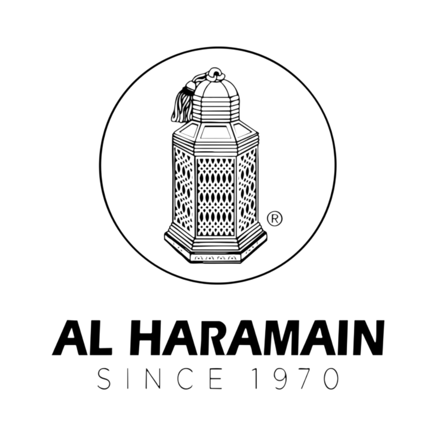 A black and white logo featuring an ornate lantern inside a circular border above the text 'AL HARAMAIN SINCE 1970'.