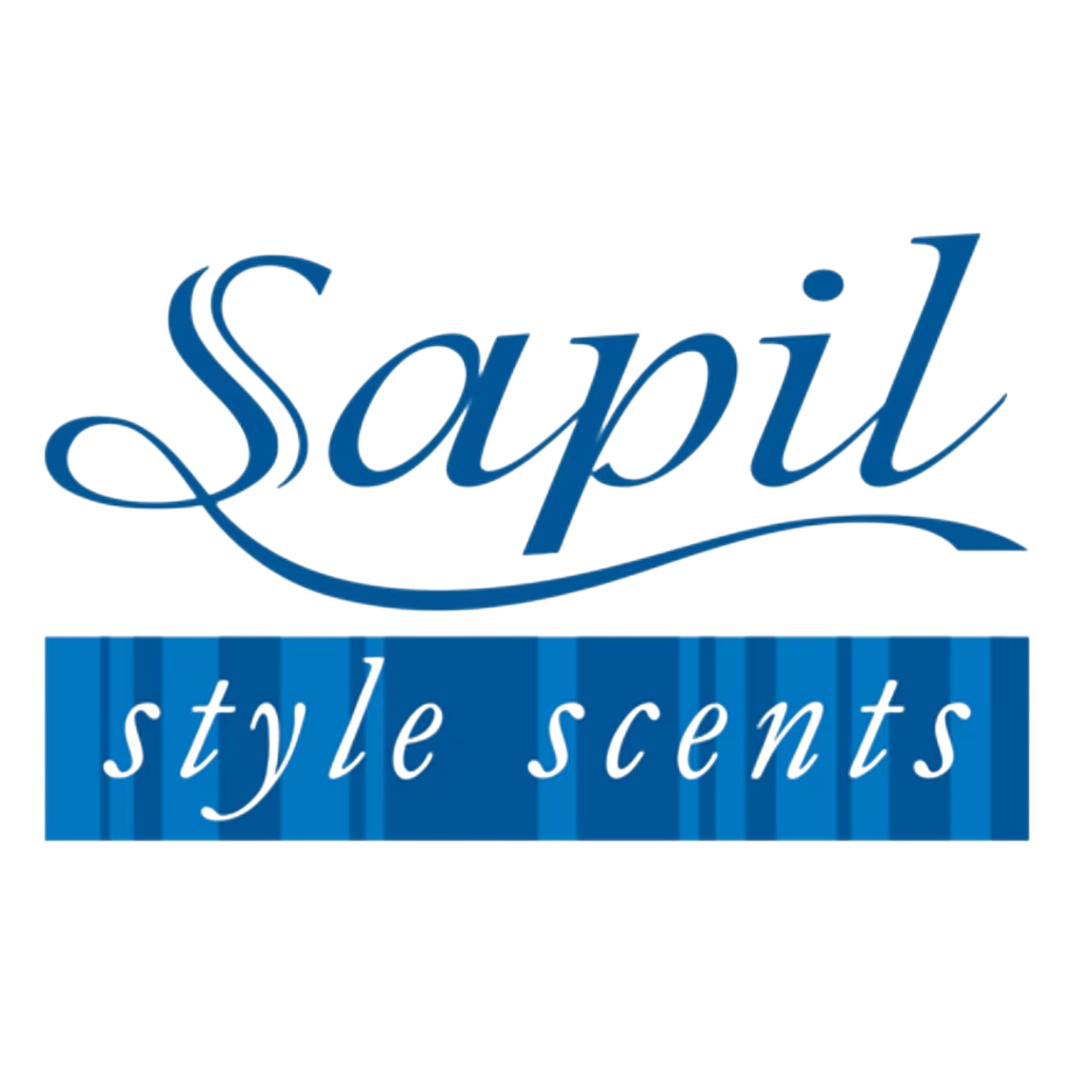 A logo with the text 'Sapil' in a blue script font above a blue rectangle that contains the white text 'style scents.'