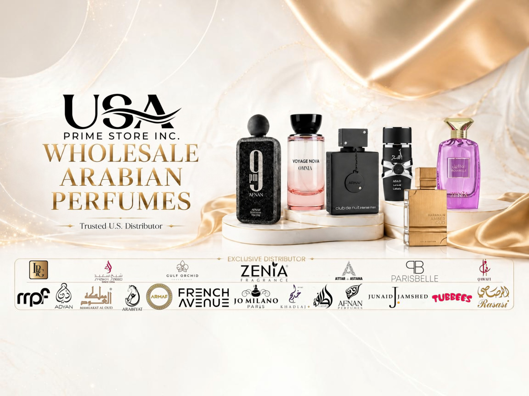 A promotional display for wholesale Arabian perfumes by USA Prime Store Inc. featuring various perfume bottles on a white marble platform with a gold draped background and logos of different perfume brands and distributors below.