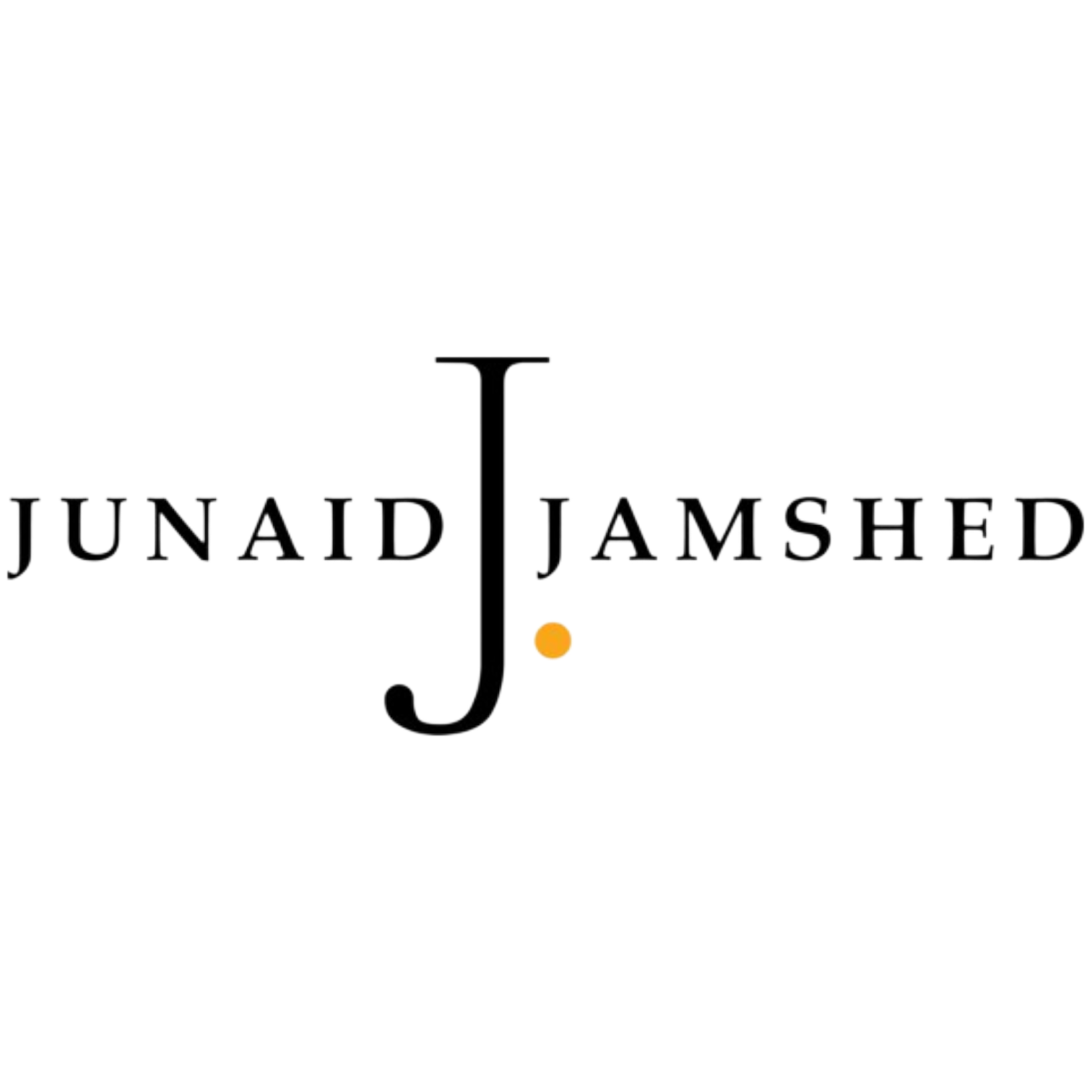 Close-up of a logo for "J." also known as  'Junaid Jamshed' with stylized black and white design and a small yellow circle.
