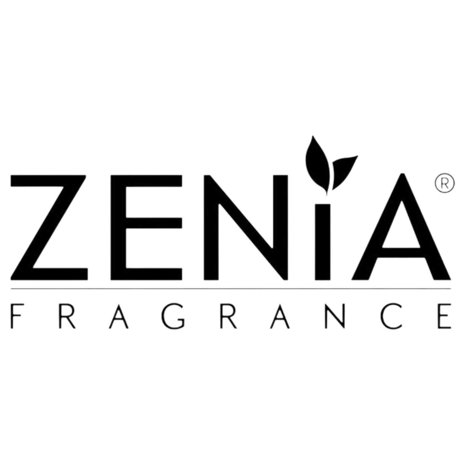 Logo for ZENIA Fragrance featuring the word 'ZENIA' in bold black letters, a green leaf above the letter 'I', and the word 'FRAGRANCE' in black capital letters below.