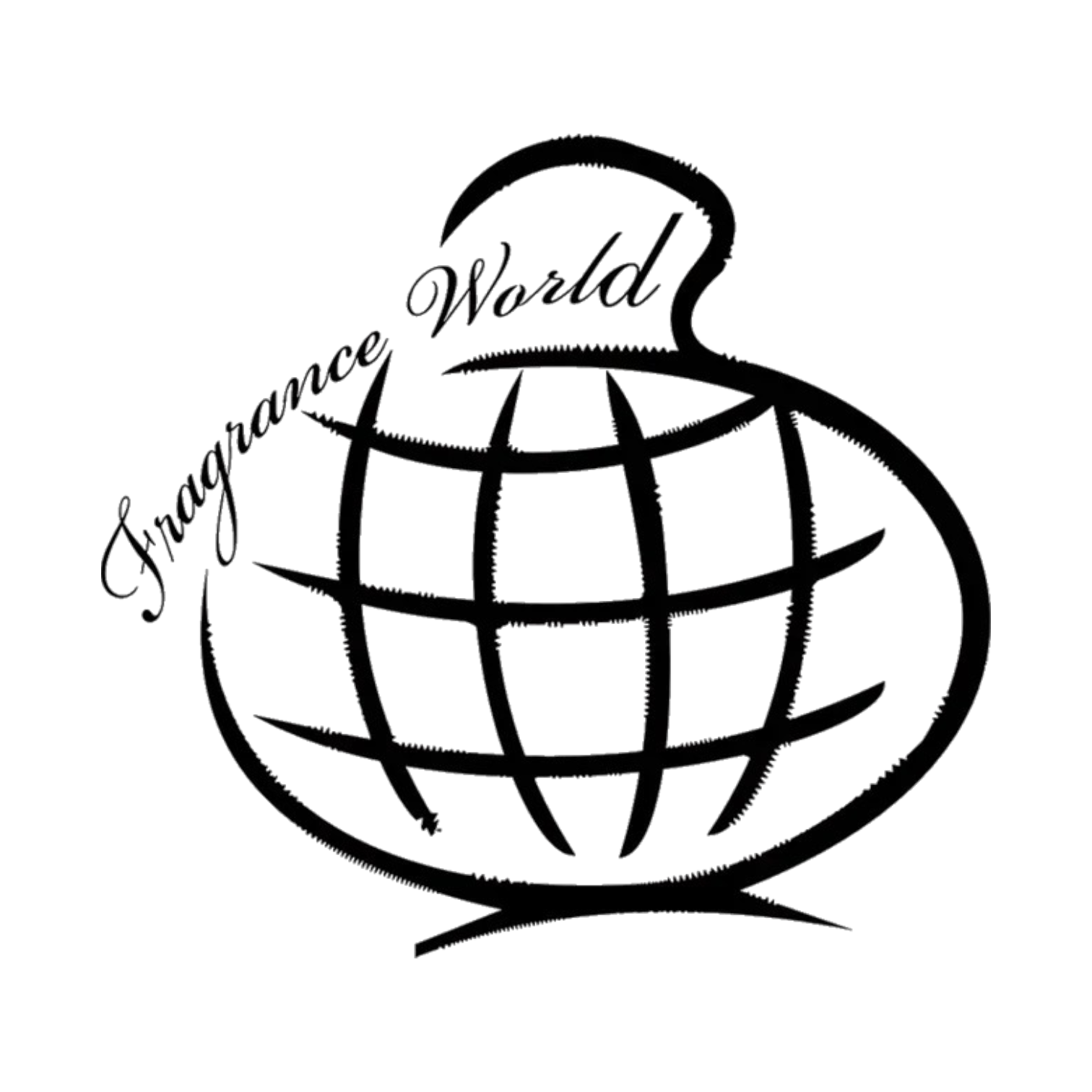 An illustration of a globe with the words "Fragrance World" written in cursive, surrounded by a stylized globe, set against a black background.