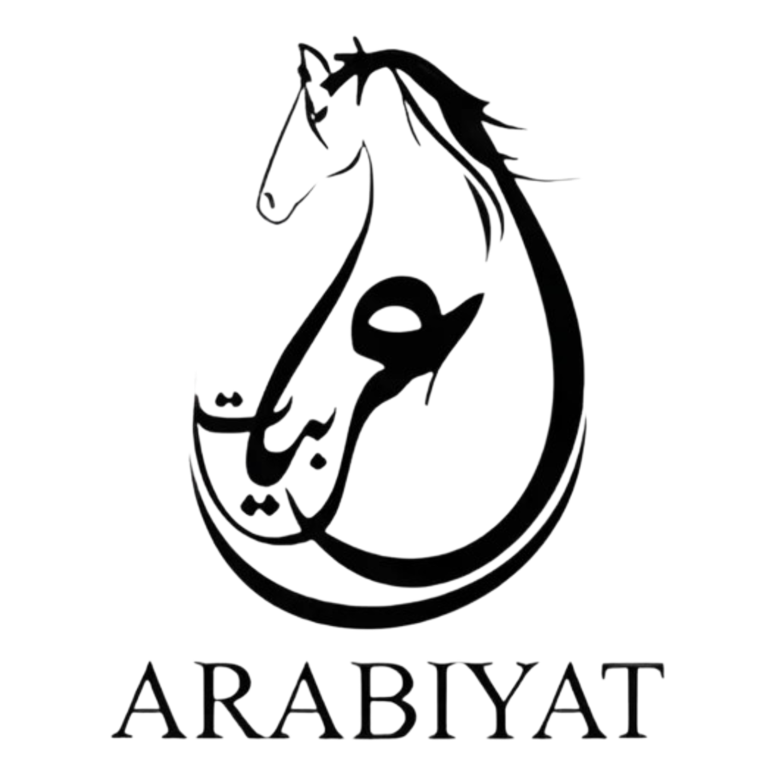 A black and white logo featuring a stylized horse head with a flowing mane and the words 'ARABYAT' underneath.