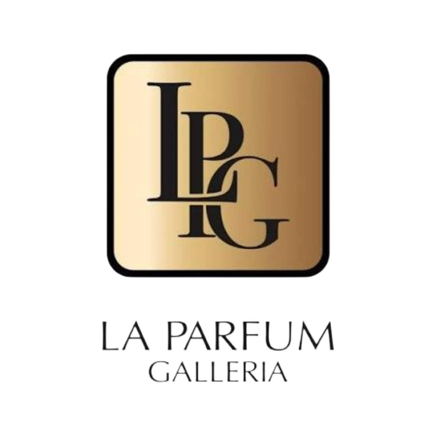 Logo for La Parfum Galleria featuring a gold square with rounded edges containing the initials 'LP' and 'G' in black, and text below reading 'LA PARFUM GALLERIA' in black.