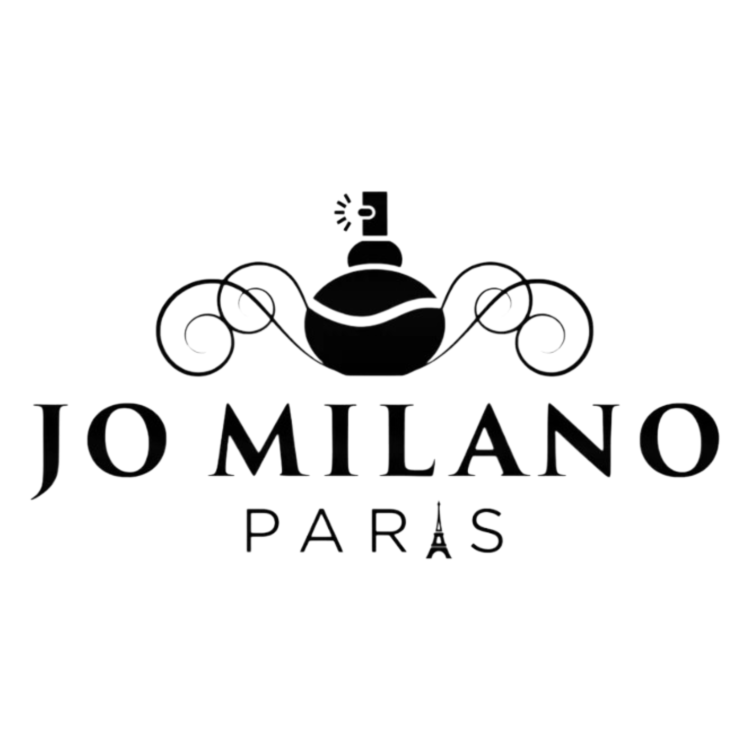 Logo for Jo Milano Paris with a stylized perfume bottle and decorative swirls in black and white.