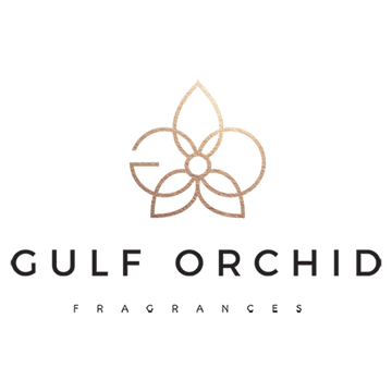 Logo for Gulf Orchid Fragrance featuring an orchid flower outline above the text