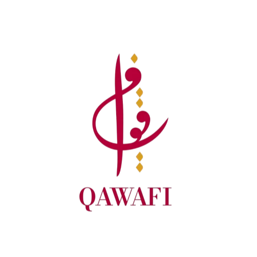 Logo of Qawafi with stylized marimba bars and Arabic calligraphy in burgundy and yellow.