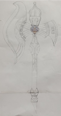 A pencil sketch of a fantasy-themed axe with intricate details, including a patterned blade, ornamental handle, and decorative elements at the top.