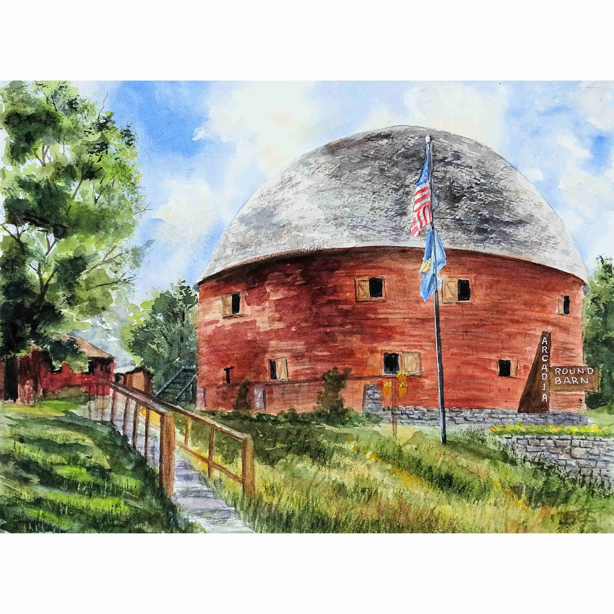 Watercolor painting of the Arcadia Round Barn on historic Route 66 in Oklahoma