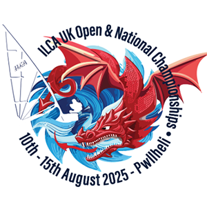 Logo for ILCA UK Open & National Championships, featuring a red dragon intertwined with blue and white waves, with event details 10th-15th August 2025 in Puwei.