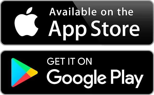 Two app store badges, one for Apple App Store and one for Google Play Store, indicating the app is available for download on both platforms.