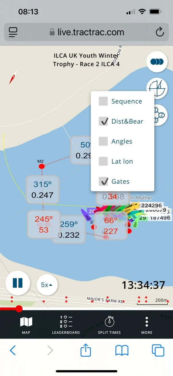 A screenshot of a sailing race map showing boat positions, angles, distances, and waypoints on a navigation app.