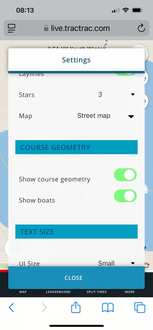 Screenshot of a mobile app settings menu on a map website, showing options for course geometry, map view, and text size.